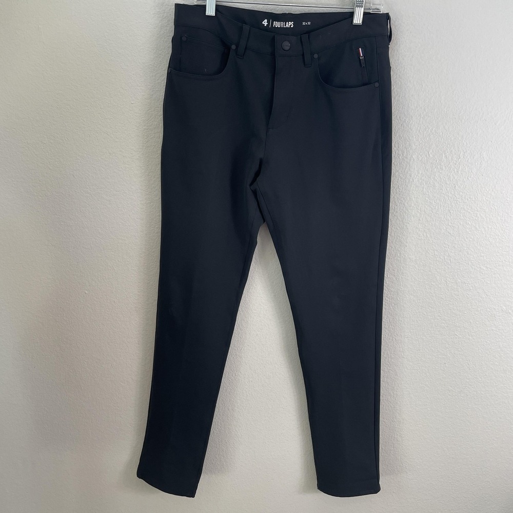 Fourlaps Pants Mens 32 Black Slim Fit Stretch Zip Pocket Tapered Leg Travel